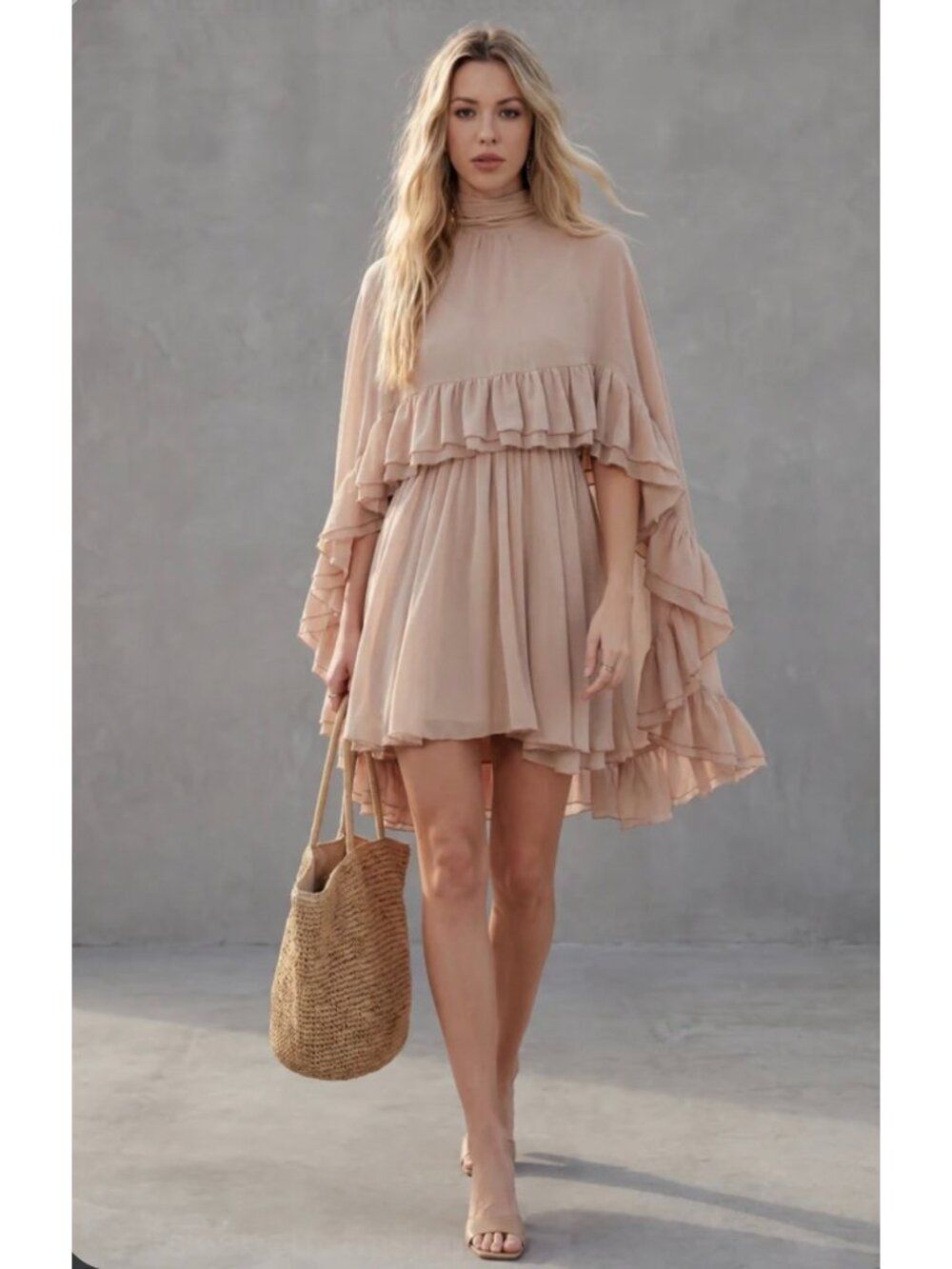 Commense Semi-Sheer Chiffon Ruffle 2PCS Dress with Capet Set Size L